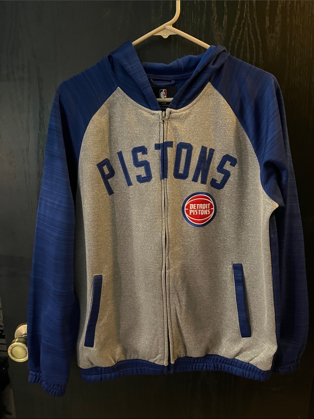 NBA Detroit Pistons Grey and Navy Zip Hoodie with Red Logo
